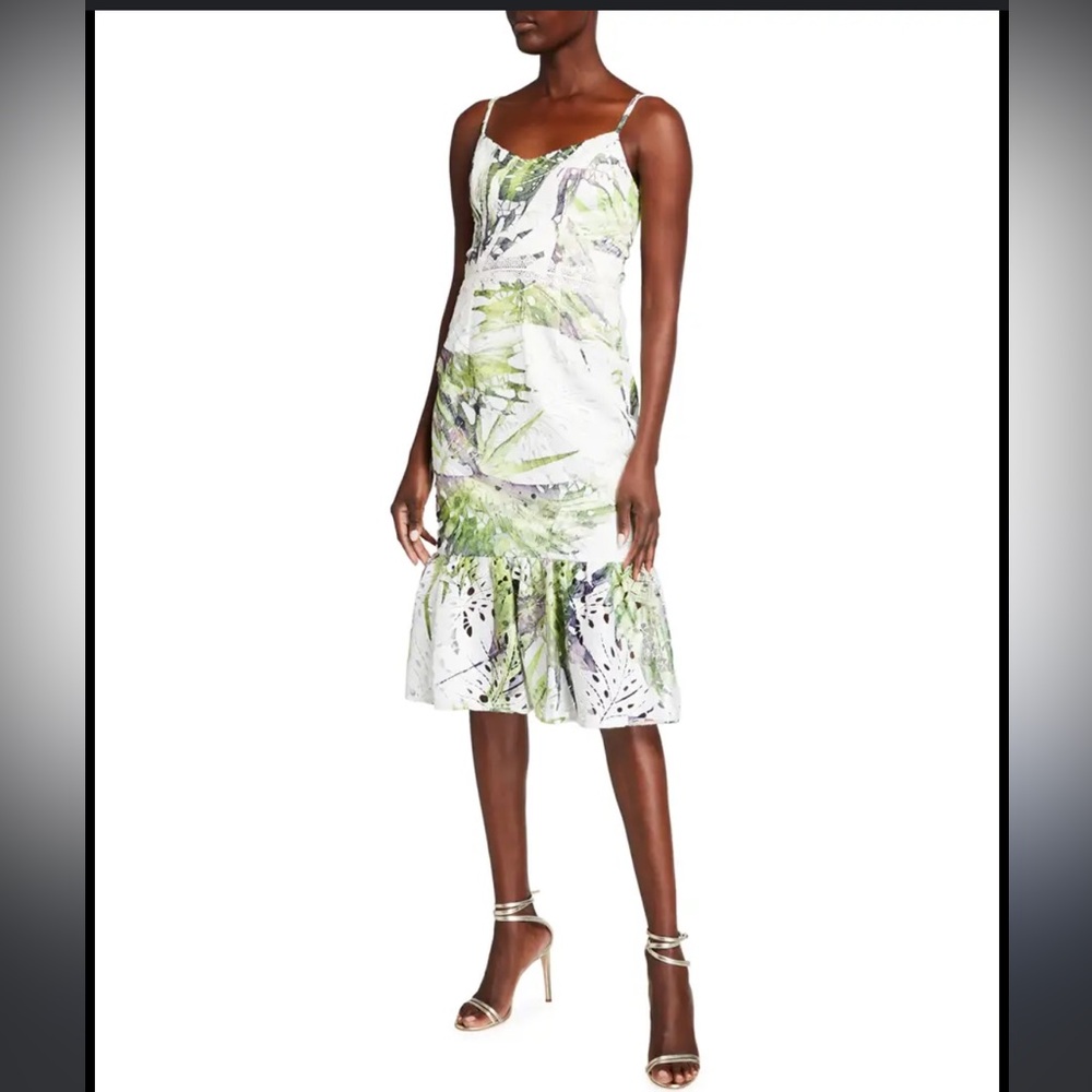 NWT, Dress the Population white zip up dress with palm and lace print, Size L